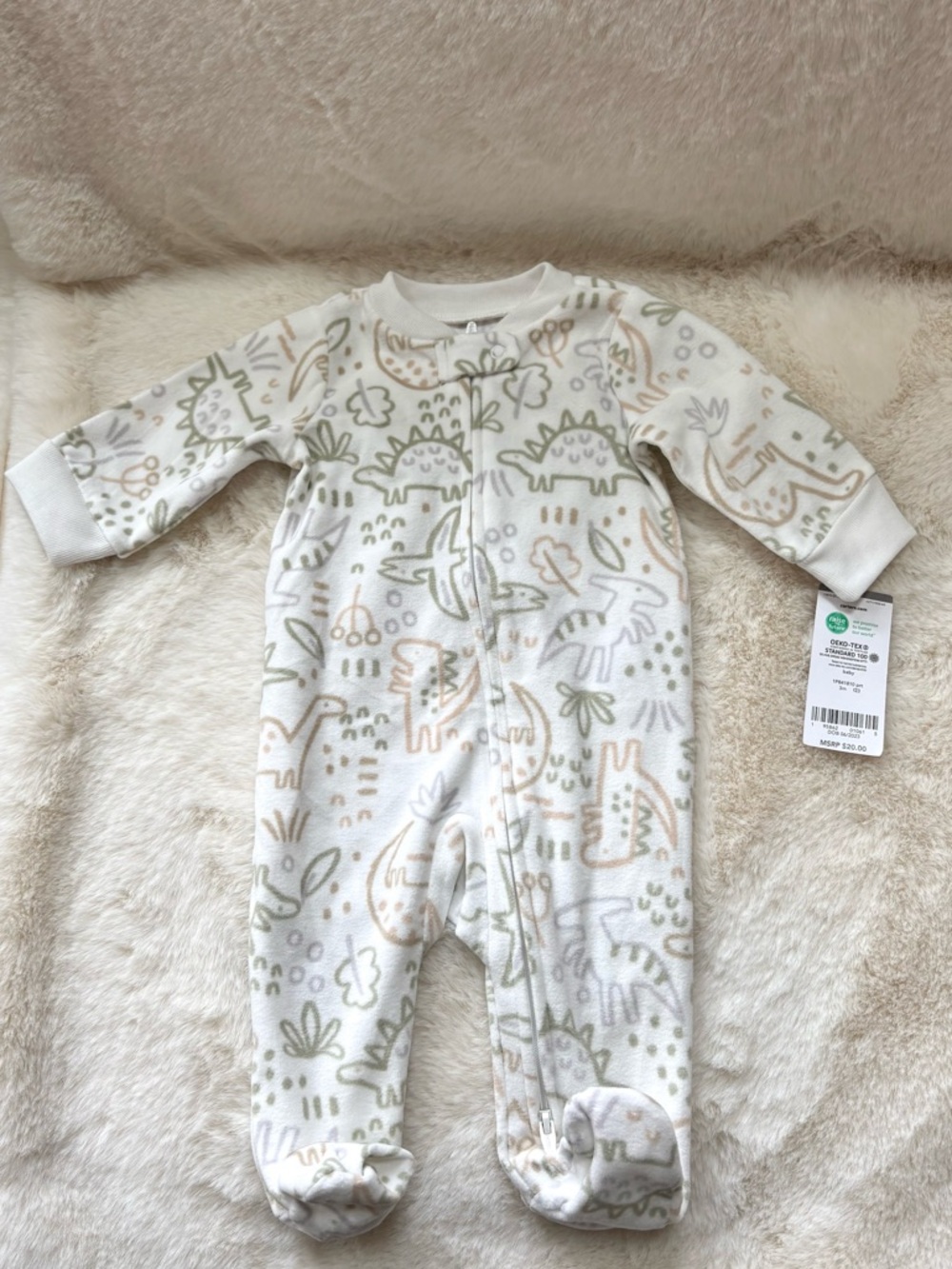 Carter's Cream Footed One-Piece with Green & Tan Dino Print